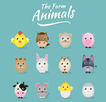 12 cartoon farm animals vector material
