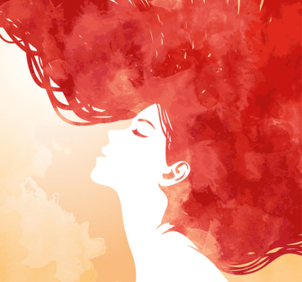 Watercolor red hair woman side face vector material