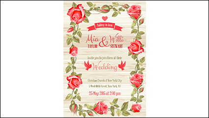 Red roses border wedding invitation card vector material