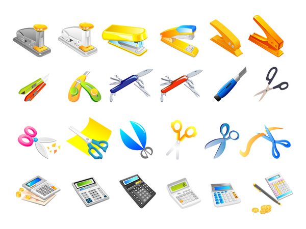Stapler, utility knife, scissors, calculator, pens