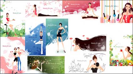 Green leaves, hair, perfume, nail polish vector material